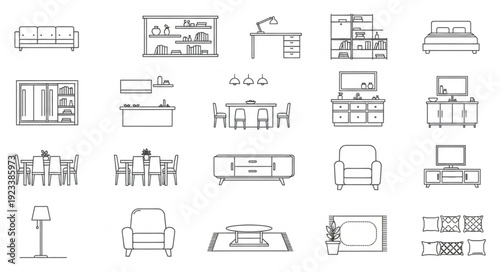 Collection of hand drawn furniture sketches for interior design.