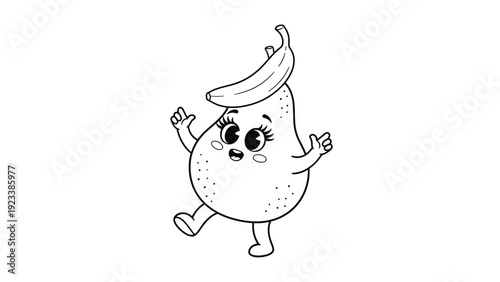 Fun cartoon pear character is illustrated in black and white with a banana resting on its head, suitable for children's coloring books or stickers.