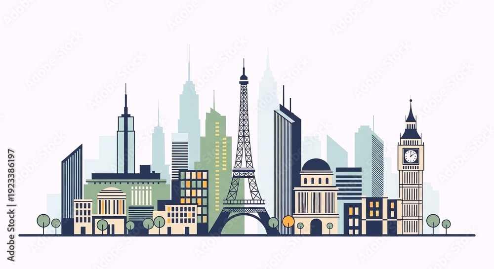 Obraz premium Global cityscapes featuring famous architectural landmarks and urban skylines from around the world, illustrating international travel and diverse metropolitan areas