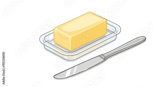 Stick of fresh butter is displayed on a clear plastic dish alongside a serrated butter knife, representing a common kitchen staple for cooking.