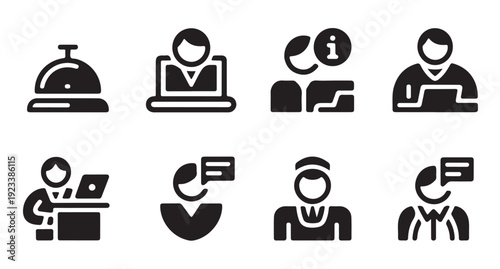 Reception desk icons representing customer service hotel lobby and professional office staff
