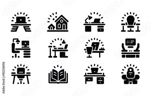 Remote work icons illustrating home office concepts study spaces and digital workspace ideas