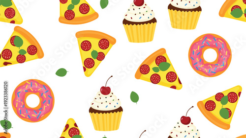 Seamless pattern combines colorful slices of pepperoni pizza, cupcakes, and donuts for a fun and vibrant food-themed background for party designs.