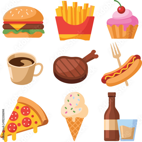 Cartoon fast food illustration set, burger fries cupcake coffee steak hotdog pizza ice cream soda icons