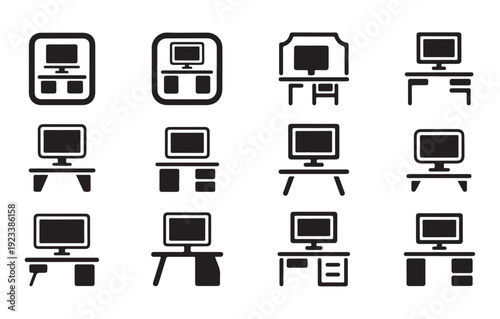 Minimalist computer desk icons showing monitor placement office furniture and work locations