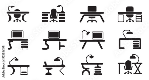 Office desk icons set on white background. modern work table and chair vector illustrations