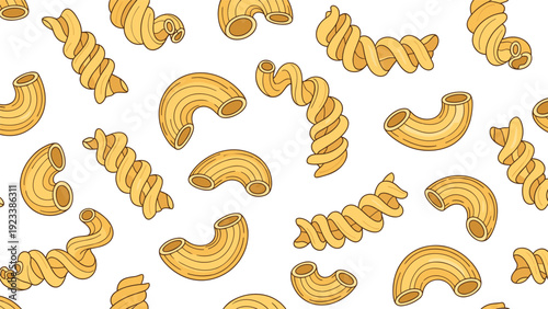 Seamless background pattern of different types of pasta including curved macaroni and spiral fusilli on a white surface.