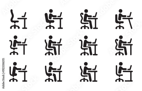 People working at computer desk icons in various poses vector silhouette
