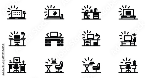 Workplace icons showing computer desk setup with chair and lamp vector silhouette