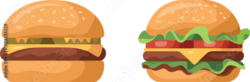 Delicious cheeseburger vector illustration, fast food hamburger with lettuce tomato cheese sesame bun isolated on white background