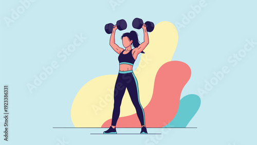 Athletic woman lifting heavy dumbbells above her head for exercise in front of abstract colorful background shapes.