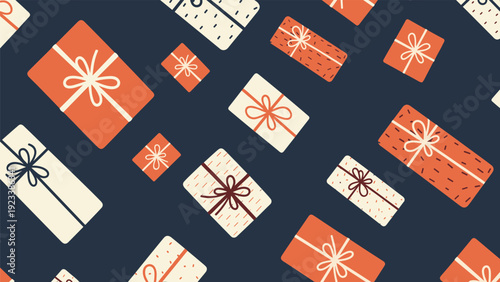 Festive seamless pattern showing various wrapped gift boxes with ribbons in red and cream colors on a dark blue background.