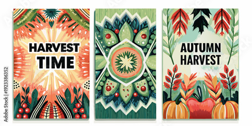 Three autumn harvest themed banners with vibrant watercolor illustrations