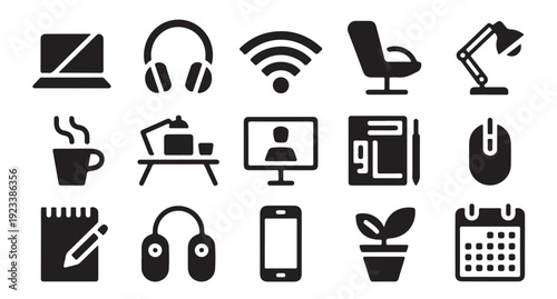 Remote work and office equipment icons featuring laptop headphones and stationery elements