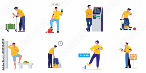 Frustrated Passengers Experiencing Travel Delays: Illustrations of Waiting at Airports, Cancellations, and Disrupted Journeys