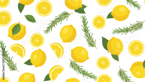 Vibrant seamless pattern of whole lemons, sliced rounds, and fresh rosemary sprigs on a crisp white background.