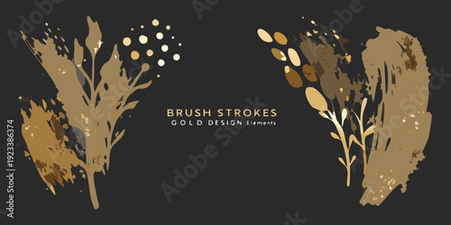 Abstract gold brush strokes and floral elements on a dark background