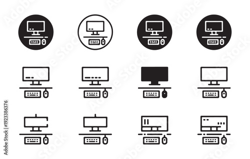 Computer workstation icons set showing monitor keyboard and mouse on desk in various styles