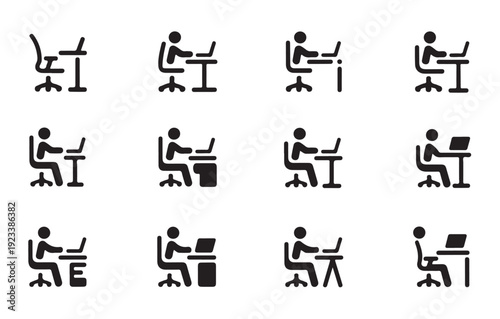 Person working on laptop at desk icons depicting different office seating and table styles
