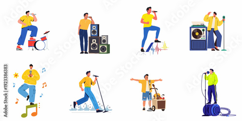 Collection of male singers performing various musical acts and engaging with audio equipment and instruments, showcasing live entertainment and musical passion.