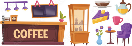 Flat cartoon coffee shop interior illustration with counter, menu board, cake slice, teapot, cup and cozy cafe furniture