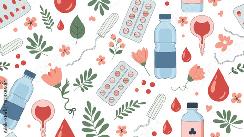 Women's health and menstruation pattern featuring pills, water bottles, tampons, menstrual cups, and floral elements.