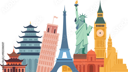Flat minimalist world landmarks illustration, global travel skyline featuring Eiffel Tower, Statue of Liberty, Big Ben, Pisa Tower vector