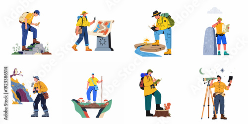 Nature Exploration and Outdoor Adventure Illustrations: People Hiking, Stargazing, Birdwatching, and Navigating with Maps, Compasses, and Telescopes.