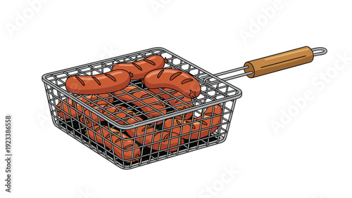 Rows of multiple juicy sausages being cooked inside a metal wire grilling basket with a long wooden handle for safety.