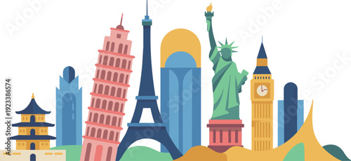 Flat minimalist world landmarks illustration, global travel skyline featuring Eiffel Tower, Statue of Liberty, Big Ben, Pisa Tower vector