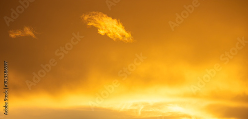 Wispy golden clouds float in a bright amber sky