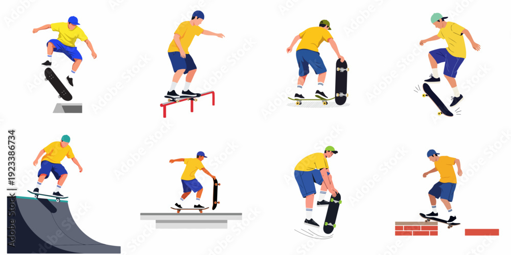 Fototapeta premium Skateboarder performing various tricks and stunts, showcasing active urban sport lifestyle and youth culture in a vibrant flat vector illustration set.