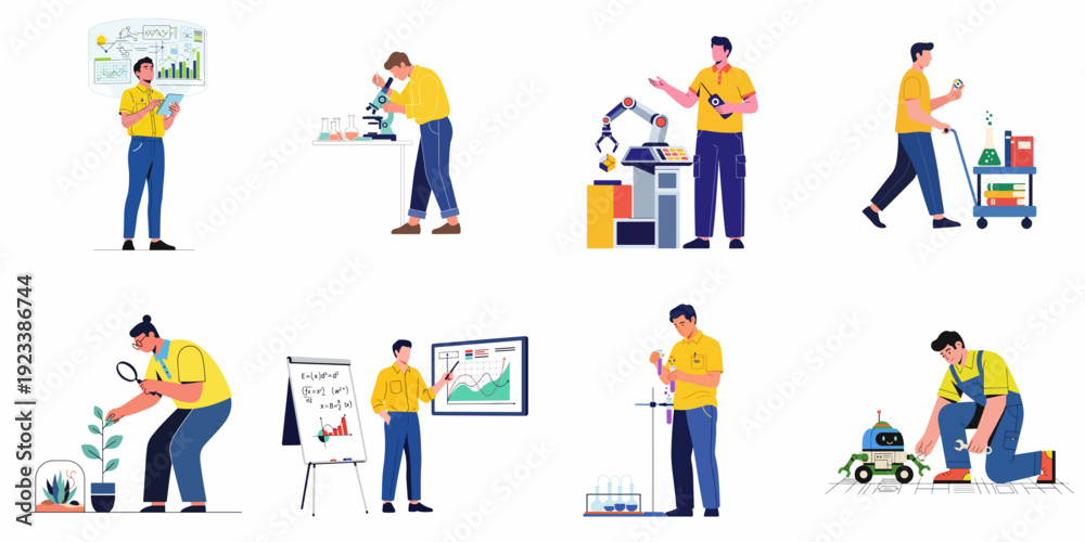 Fototapeta premium Modern scientists, engineers, and researchers perform diverse STEM activities including data analysis, laboratory experiments, robotics, and biological studies, showcasing innovation and development.