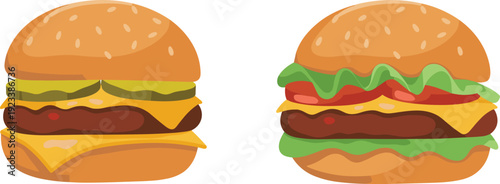 Tasty cheeseburger vector illustration, fast food hamburger with lettuce tomato cheese pickles sesame bun isolated on white