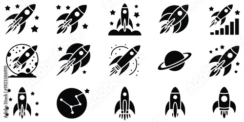 Set of Rocket Vector Icons, Featuring Launching Spaceships and Spacecraft, Fast-Flying Rockets Representing Innovation, Exploration, and New Business Startups in Vector Illustration.