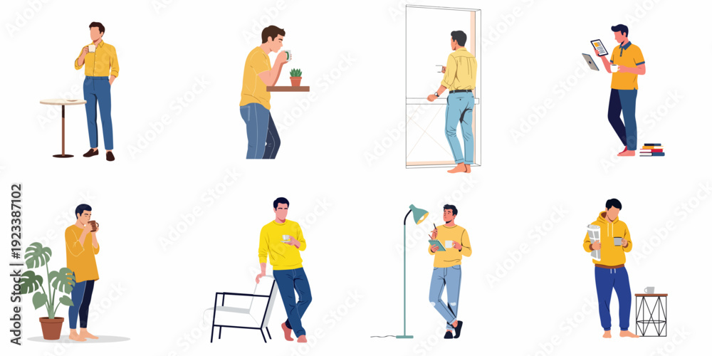 Fototapeta premium Diverse scenes of men at home, drinking coffee, using tablets, reading newspapers, and relaxing in a casual, modern style.