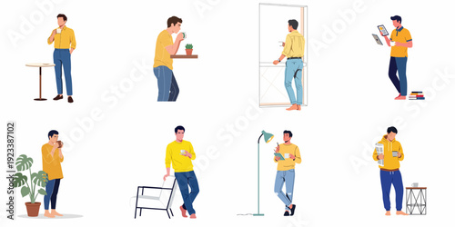 Diverse scenes of men at home, drinking coffee, using tablets, reading newspapers, and relaxing in a casual, modern style.