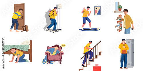 Young men experiencing fear and anxiety in various unsettling situations and locations, from strange noises to dark corners and unexpected scares.