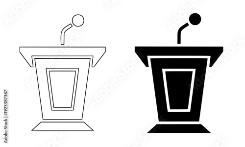  Podium lectern with microphone icon set in outline and solid black styles, professional speaker stand illustration perfect for conference, debate, speech, and presentation designs
