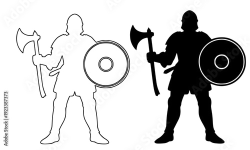 Black and White Viking Warrior Silhouette Set Holding Battle Axe and Shield for History, Medieval, and Game Character Design Concepts