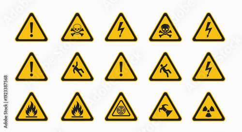 Collection of fifteen different yellow triangle warning signs indicating potential hazards