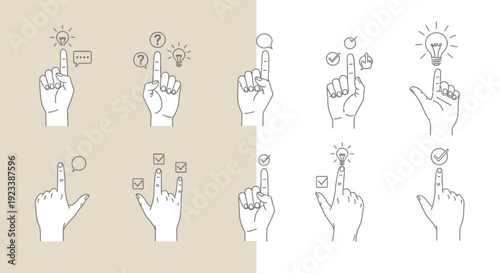 Collection of hand gestures with symbols representing ideas, questions, and solutions for design