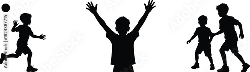 Happy children playing silhouettes with ball and friends isolated on white background vector illustration