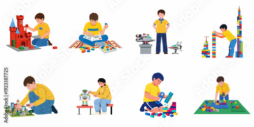 Children engaged in creative play, building diverse structures like castles, cities, robots, and towers with colorful building blocks, fostering imagination and development.