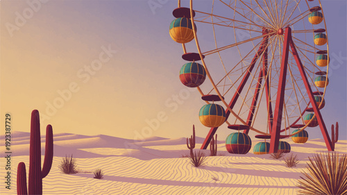 Vibrant desert ferris wheel at sunset with cacti and sandy dunes in the background evoking a sense of fun and adventure in a surreal landscape