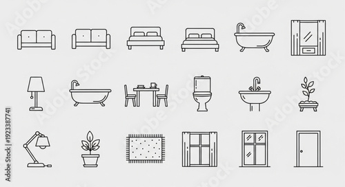 Collection of hand drawn interior design elements and furniture icons.