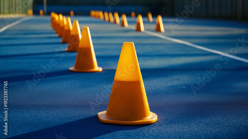 Orange traffic cones lined on blue tennis court surface