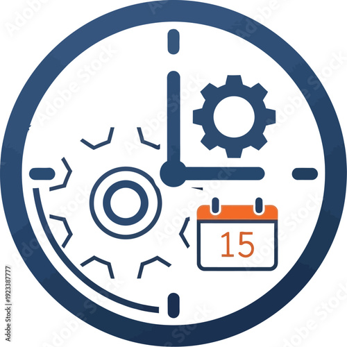 Clock face icon combines gears and a calendar date marker symbolizing effective scheduling and time management processes.