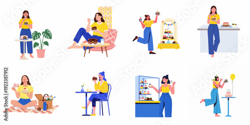 Joyful women indulging in delicious cakes and desserts, celebrating sweet moments at home, cafes, picnics, and parties.