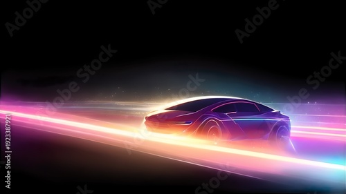Modern abstract background featuring high-speed motion on a road with neon glowing lines and dynamic light trails. 